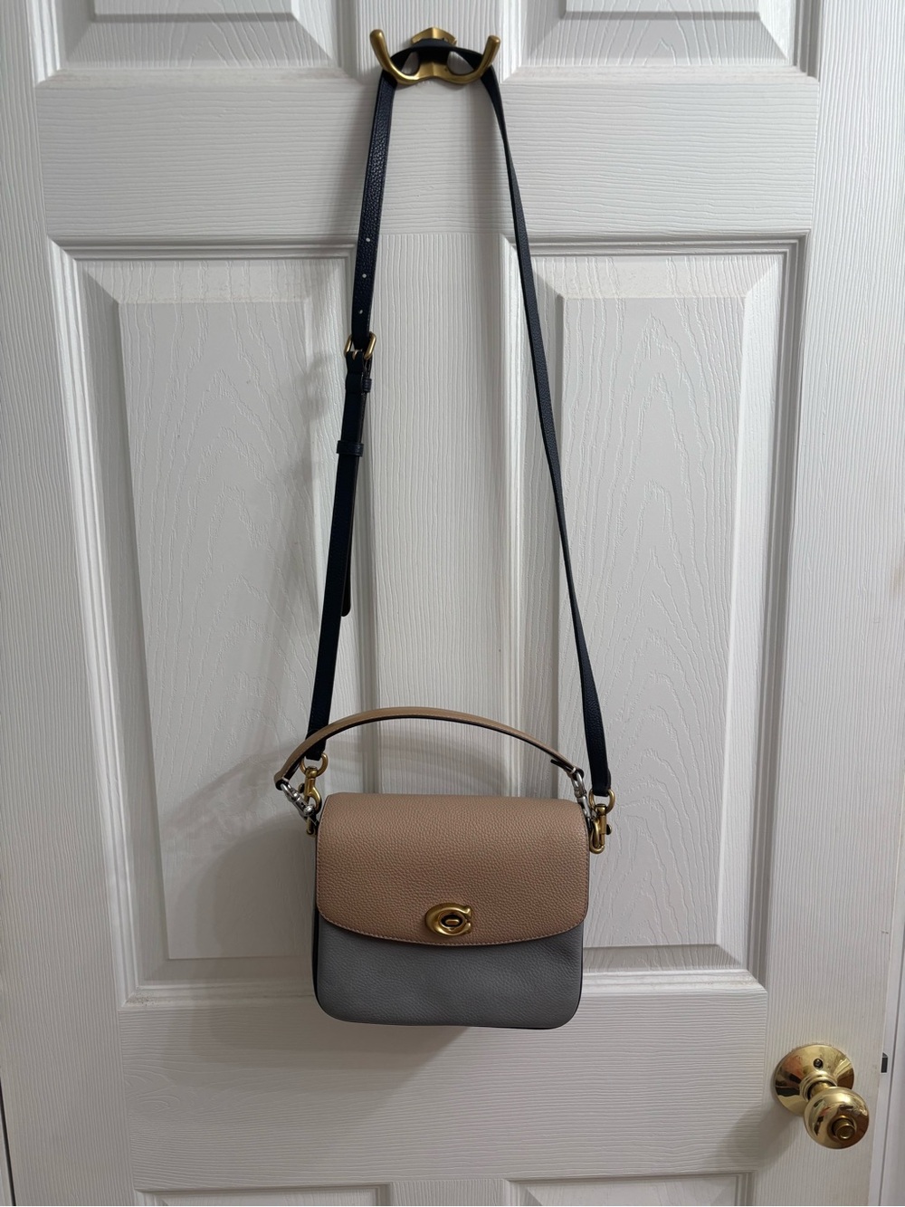 Coach Two-Tone Pebbled Leather Crossbody Bag - Taupe & Gray -Navy strap